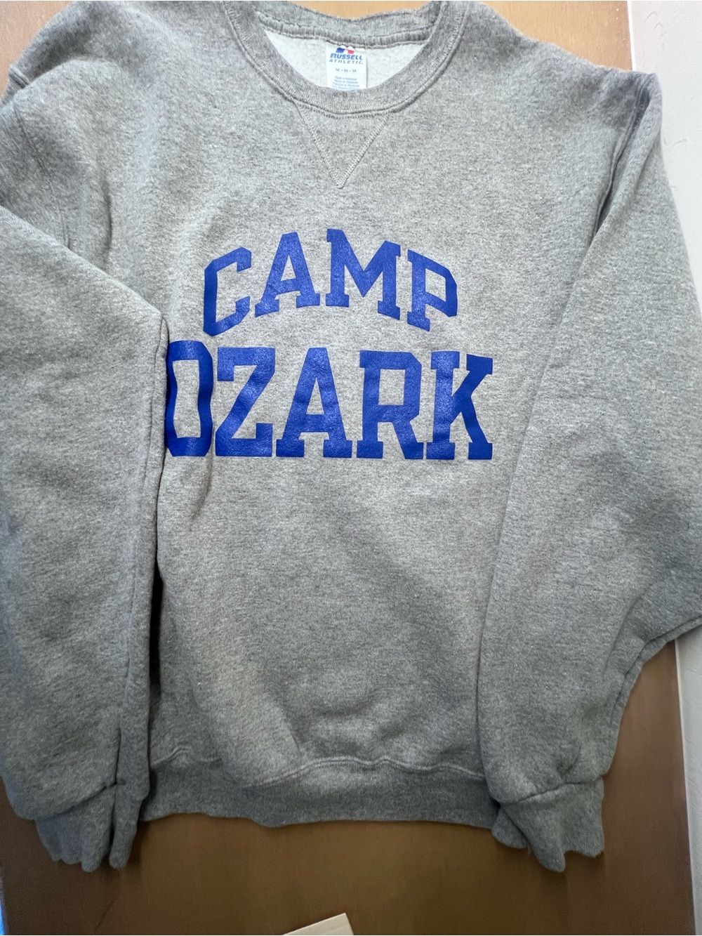 Russell Athletic Gray Crewneck Sweatshirt with Blue CAMP OZARK Print